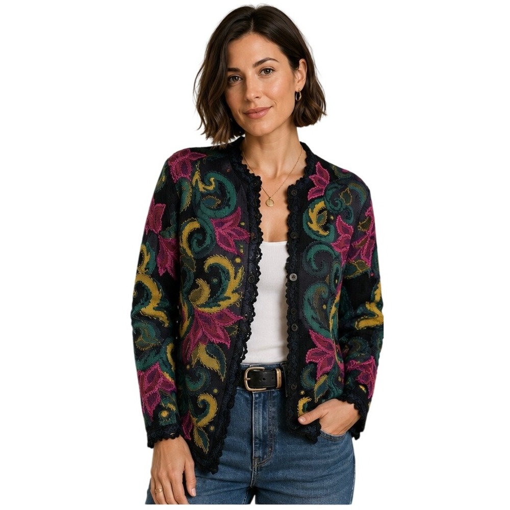 Peruvian Connection Pima Cotton Floral Art to Wear Cardigan Sweater M Peru